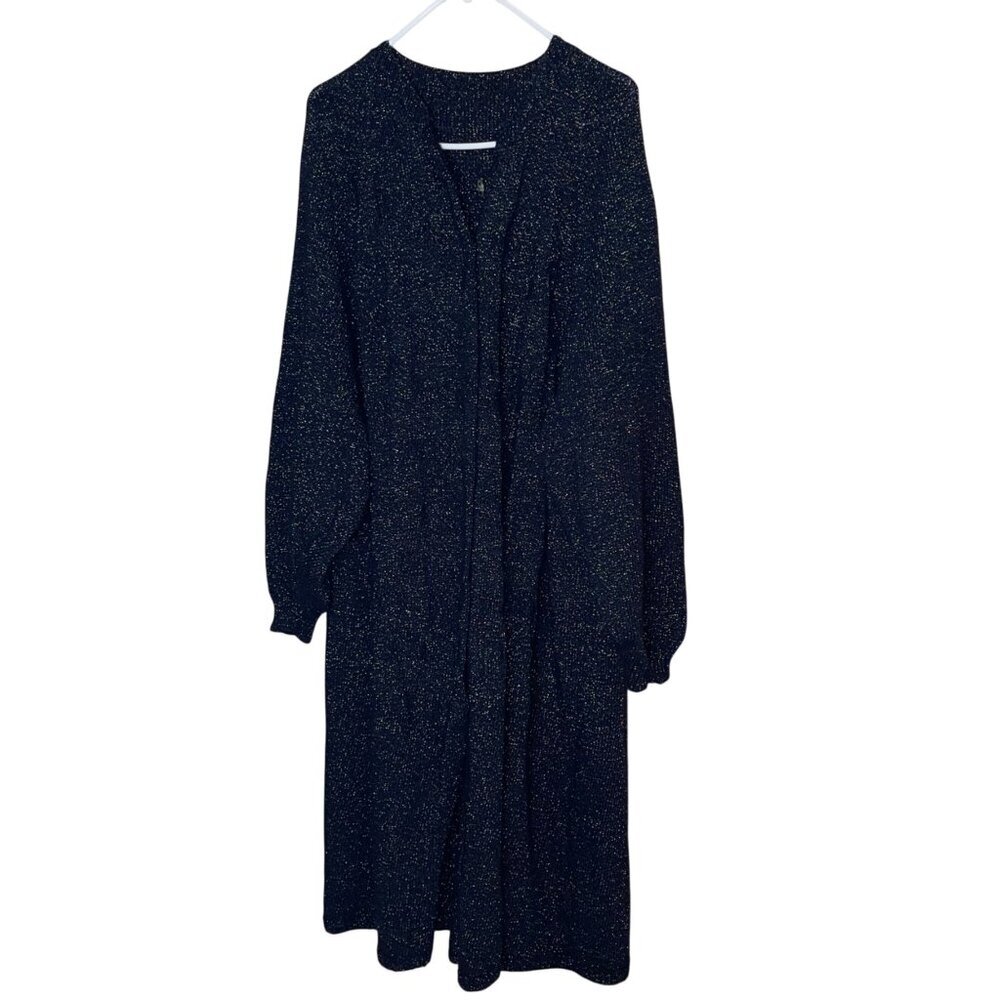 Vintage Womens Duster Sweater Size XL Deep Navy Green Metallic Handmade Casual